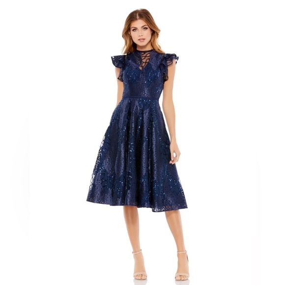 Mac Duggal 12467 NWT FLUTTER SLEEVE SEQUIN APPLIQUE COCKTAIL DRESS - Picture 1 of 7
